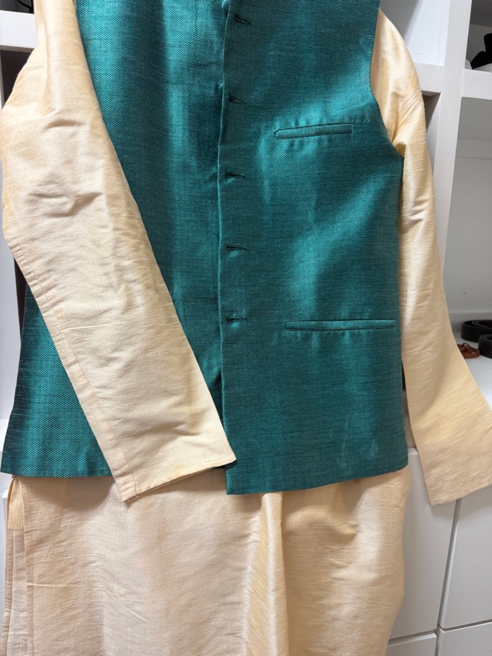 Teal Silk Nehru Vest with Cream Kurta Set